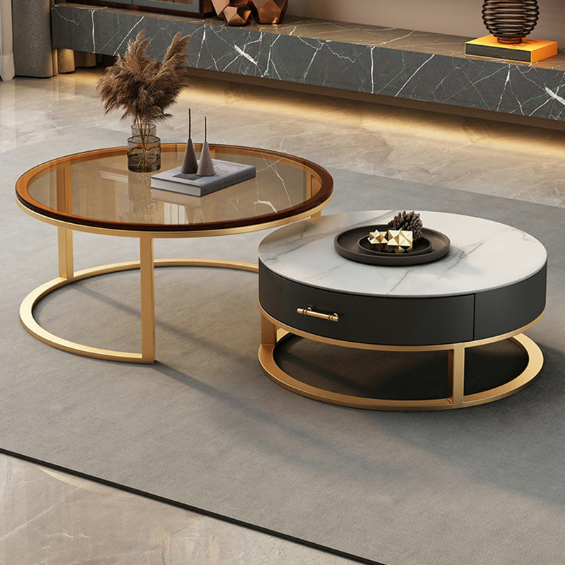 Glass Top Coffee Table Set Frame Cocktail Table with Storage Drawers