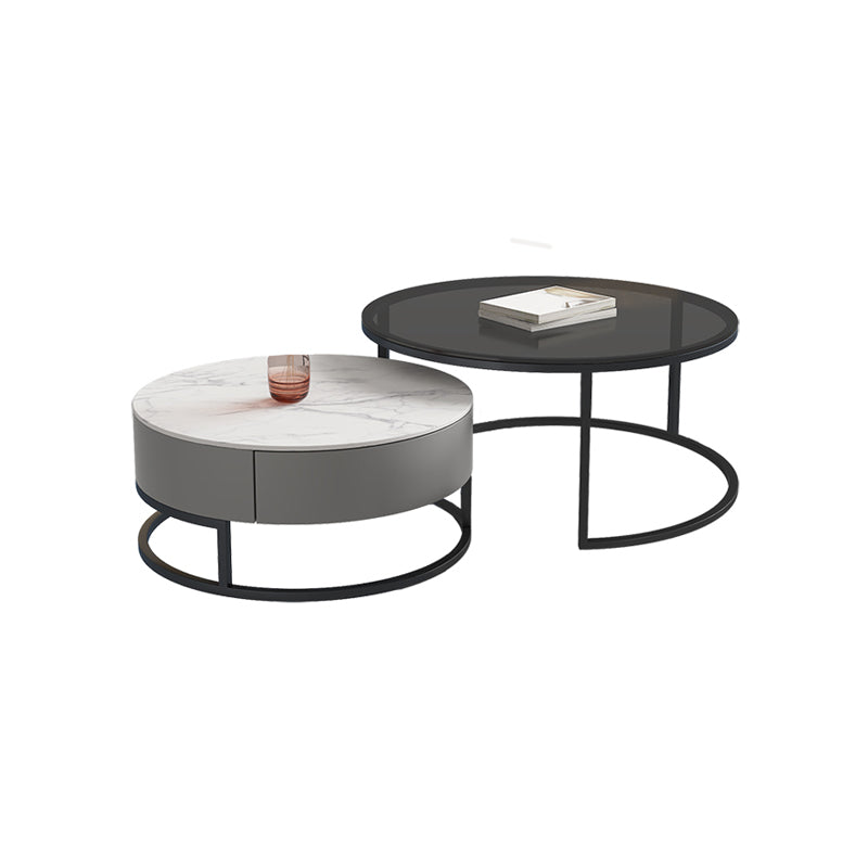 Modern Round Glass & Slate Coffee Table Set Frame Cocktail Table with Drawer