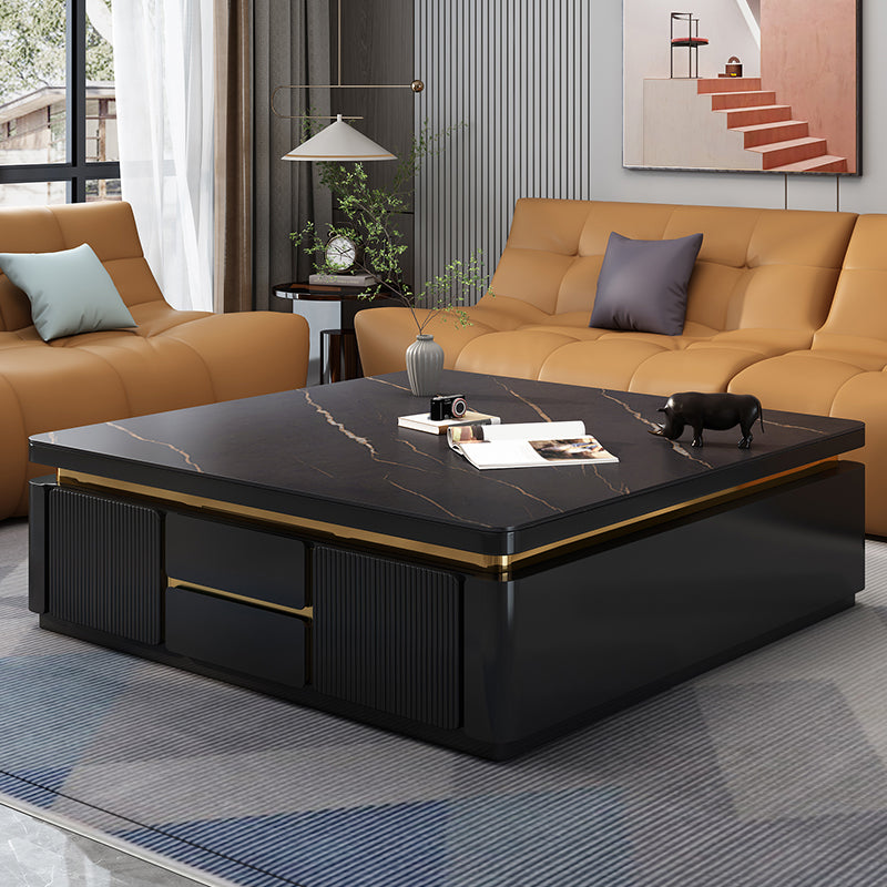 Wooden Block Cocktail Table with Drawers Glam Slate Top 4-Door Coffee Table