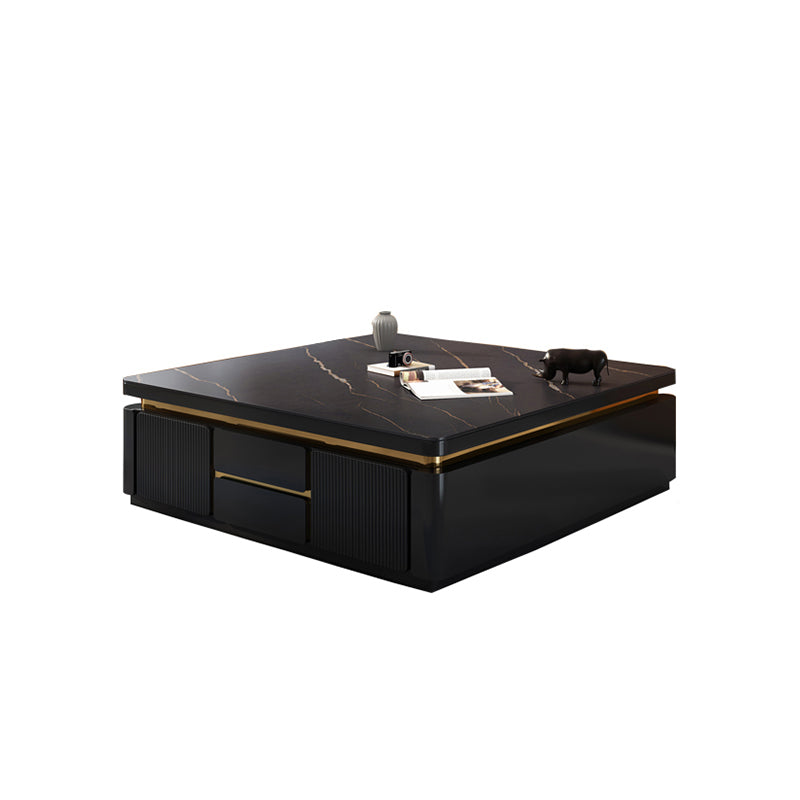 Wooden Block Cocktail Table with Drawers Glam Slate Top 4-Door Coffee Table