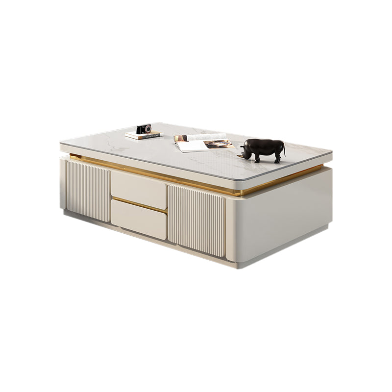 Wooden Block Cocktail Table with Drawers Glam Slate Top 4-Door Coffee Table