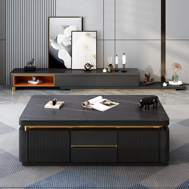 Wooden Block Cocktail Table with Drawers Glam Slate Top 4-Door Coffee Table