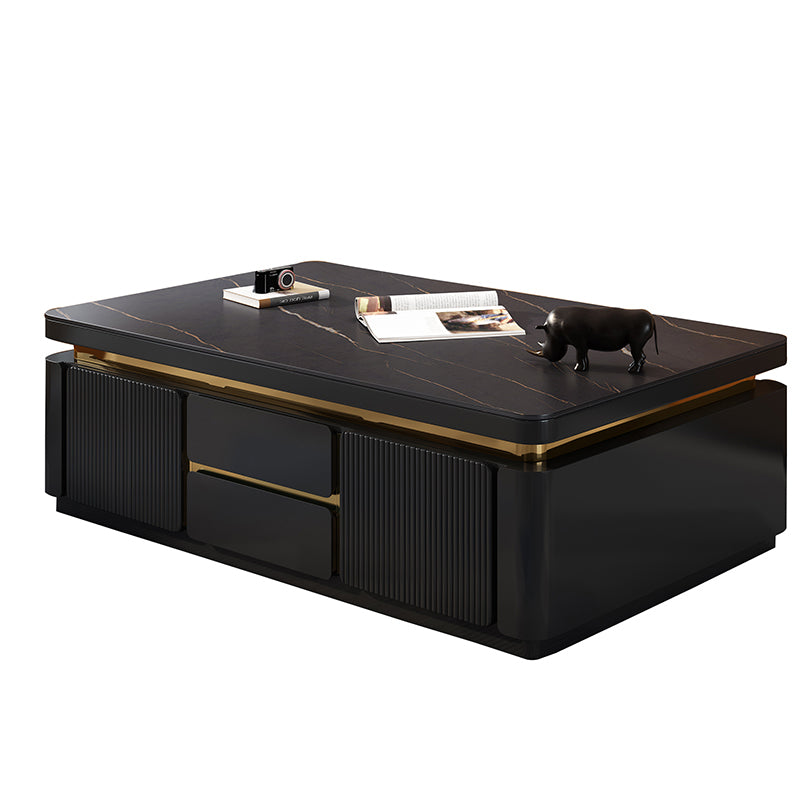 Wooden Block Cocktail Table with Drawers Glam Slate Top 4-Door Coffee Table