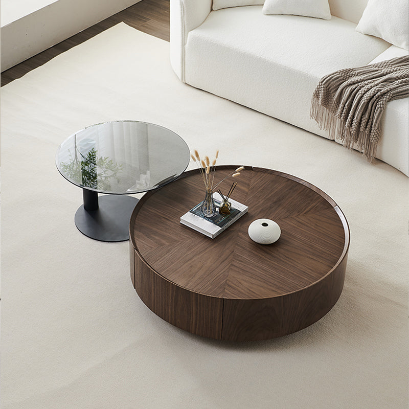 Round Wood Cocktail Table Set with 2 Drawers Modern Walnut Coffee Table