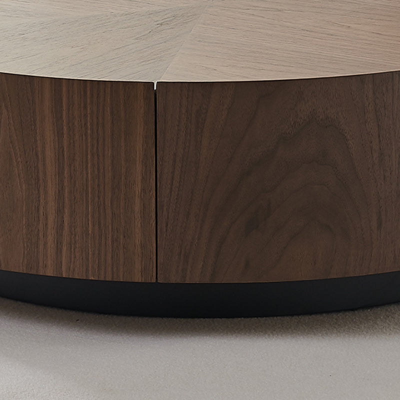 Round Wood Cocktail Table Set with 2 Drawers Modern Walnut Coffee Table
