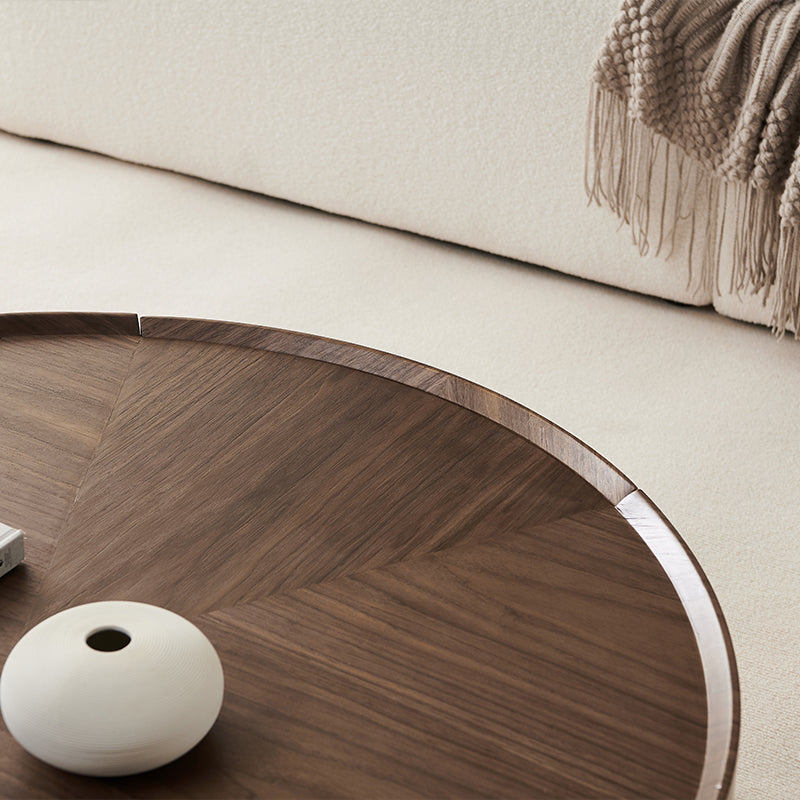 Round Wood Cocktail Table Set with 2 Drawers Modern Walnut Coffee Table