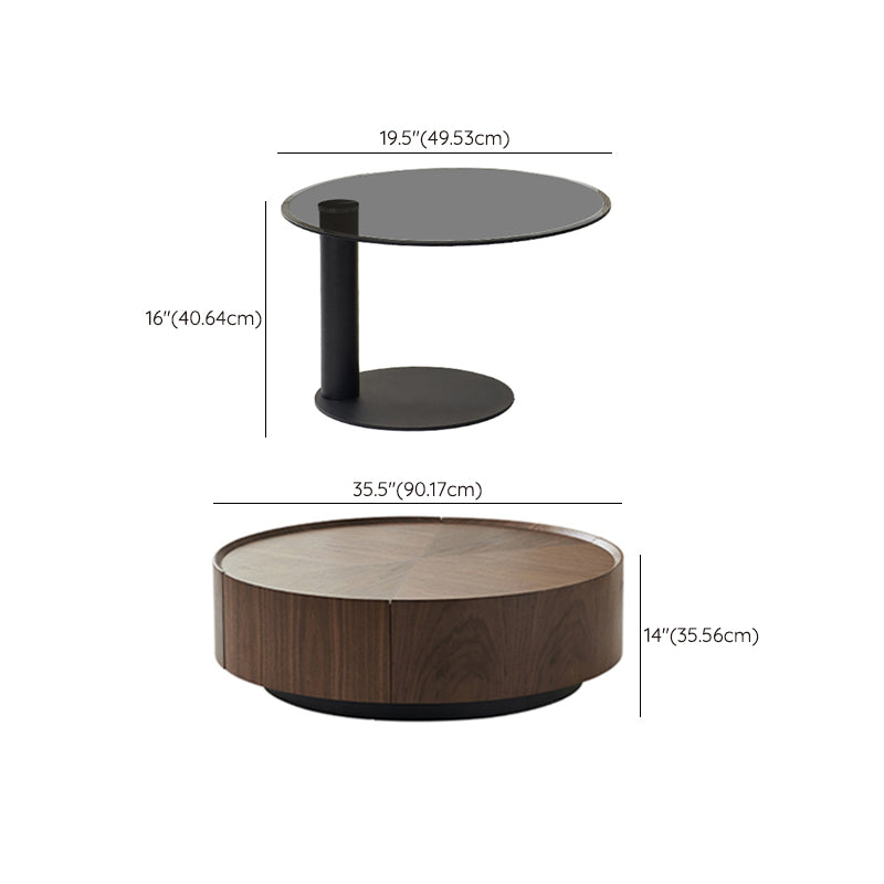 Round Wood Cocktail Table Set with 2 Drawers Modern Walnut Coffee Table