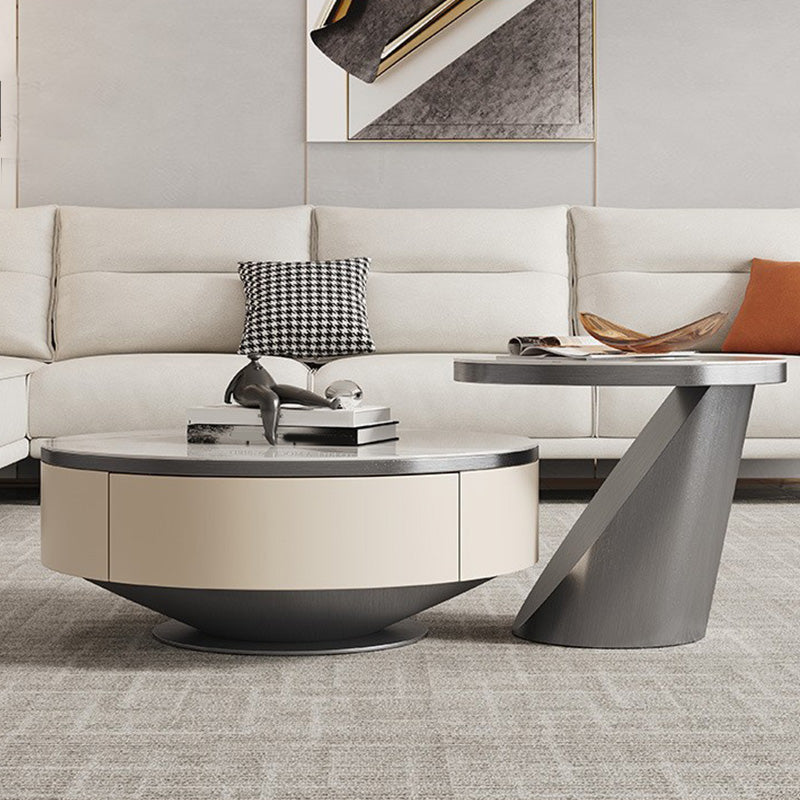 Slate and Metal Coffee Table Pedestal Round Cocktail Table with Drawer
