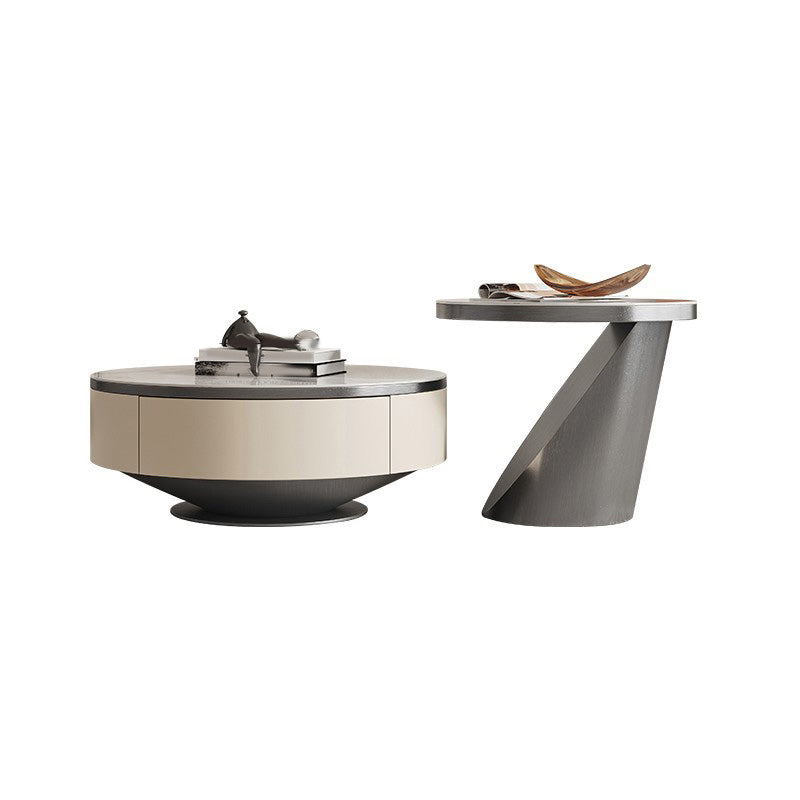 Slate and Metal Coffee Table Pedestal Round Cocktail Table with Drawer