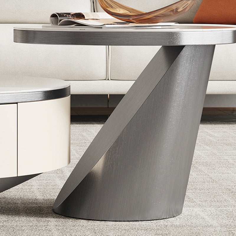 Slate and Metal Coffee Table Pedestal Round Cocktail Table with Drawer
