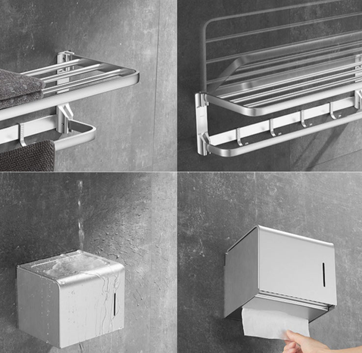 6-Piece Bathroom Hardware Set in Silver with Bath Shelf/Robe Hooks/Towel Bar