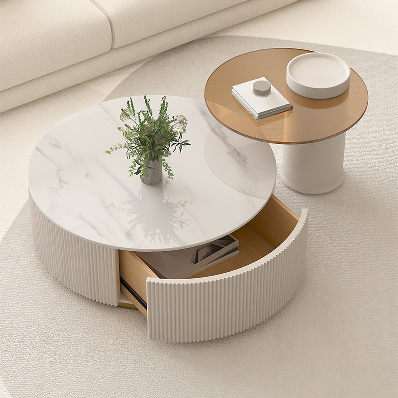Modern Stone Drum Coffee Table with Storage Dia 31.5" Cocktail Table in Withe