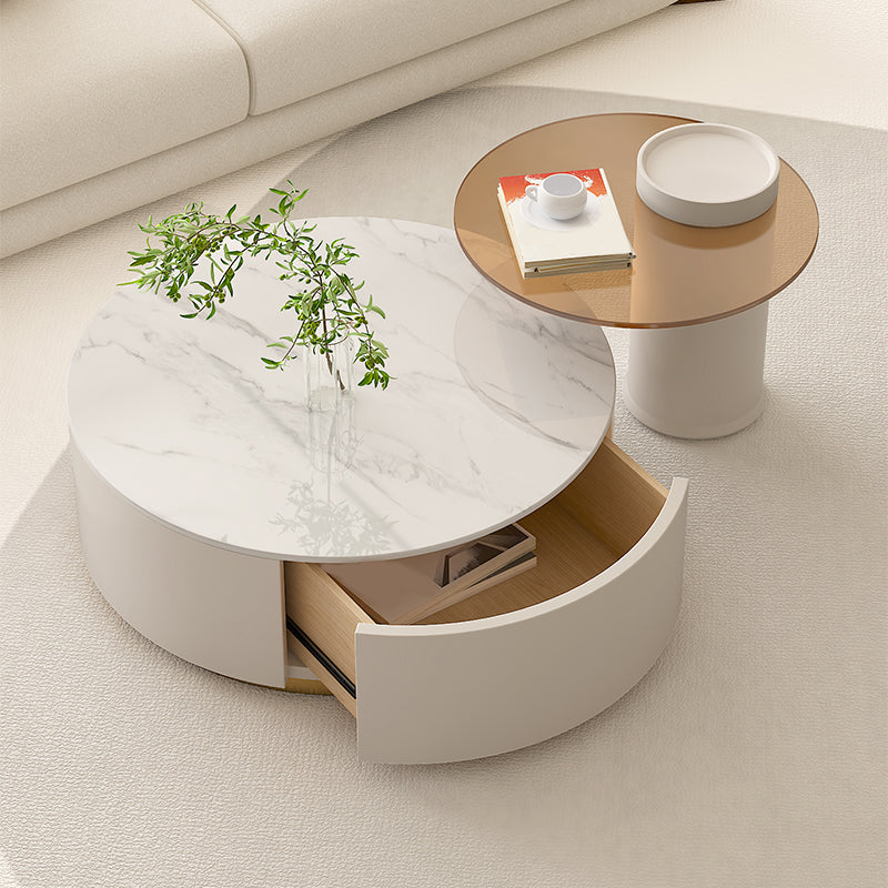 Modern Stone Drum Coffee Table with Storage Dia 31.5" Cocktail Table in Withe