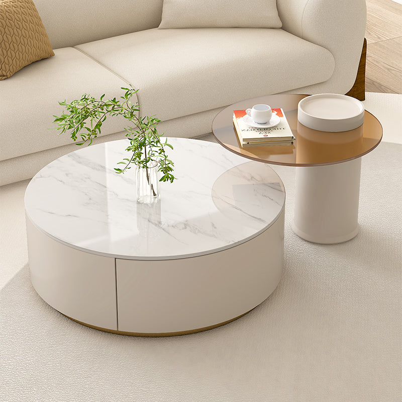 Modern Stone Drum Coffee Table with Storage Dia 31.5" Cocktail Table in Withe