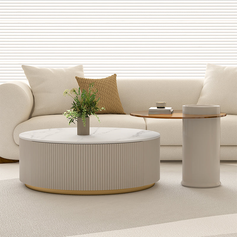 Modern Stone Drum Coffee Table with Storage Dia 31.5" Cocktail Table in Withe