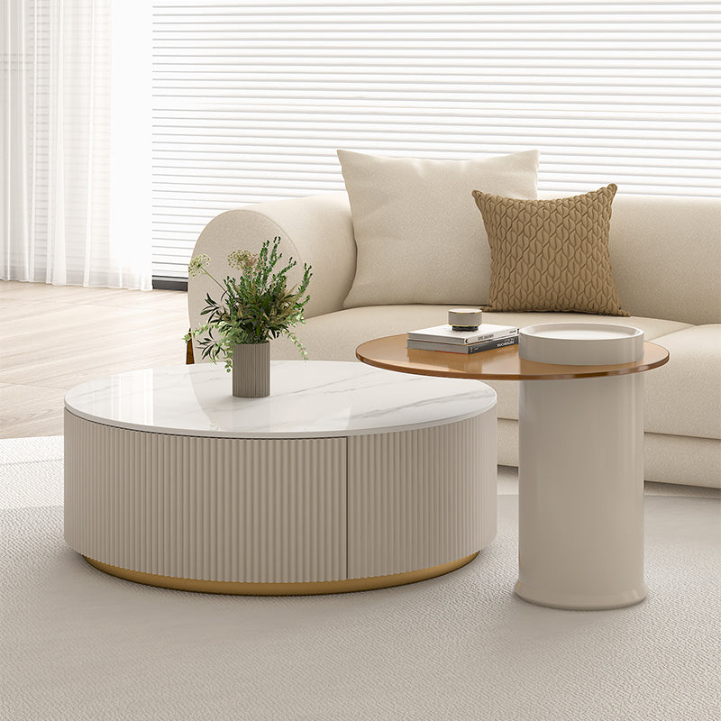 Modern Stone Drum Coffee Table with Storage Dia 31.5" Cocktail Table in Withe