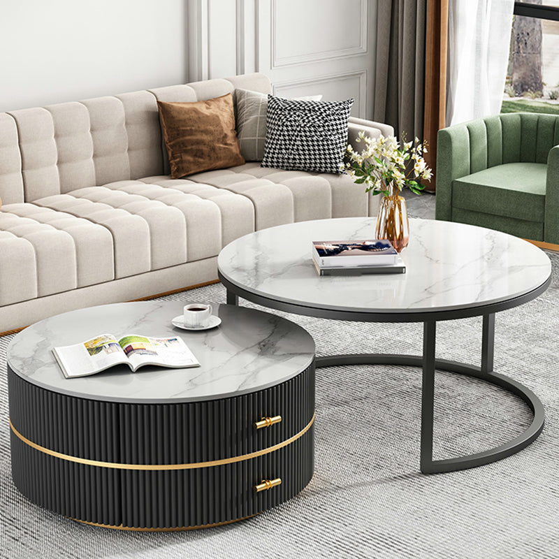 Round Slate Coffee Table Set Frame Cocktail Table with 2 Storage Drawers