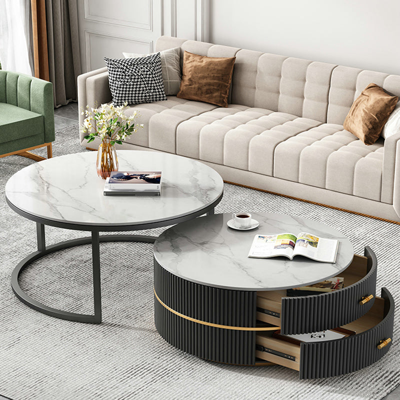 Round Slate Coffee Table Set Frame Cocktail Table with 2 Storage Drawers