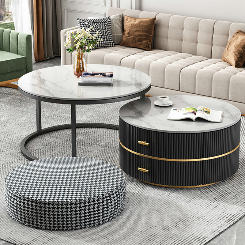 Round Slate Coffee Table Set Frame Cocktail Table with 2 Storage Drawers