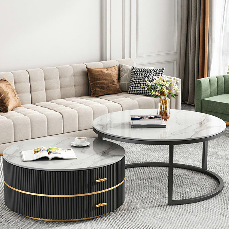 Round Slate Coffee Table Set Frame Cocktail Table with 2 Storage Drawers