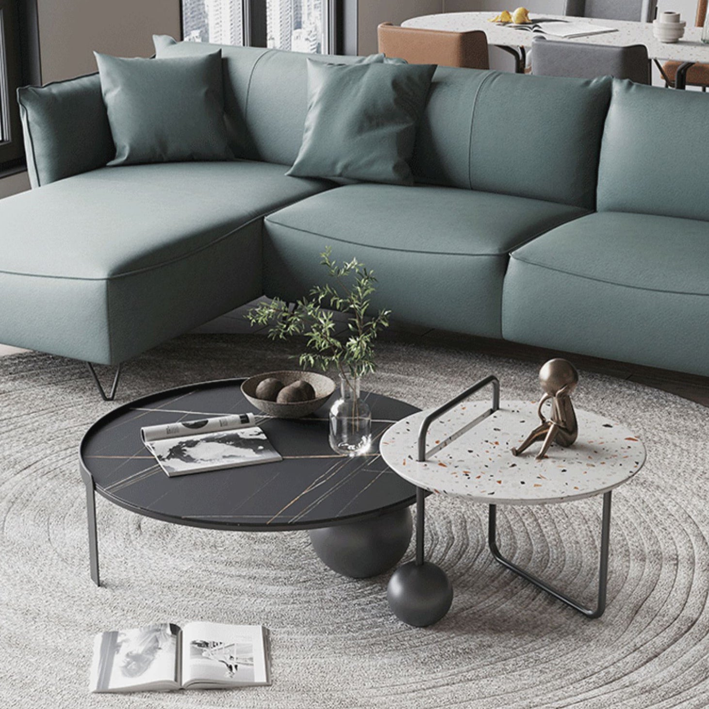 Round Stone Coffee Table Set Stainless Steel Simple Cocktail Table