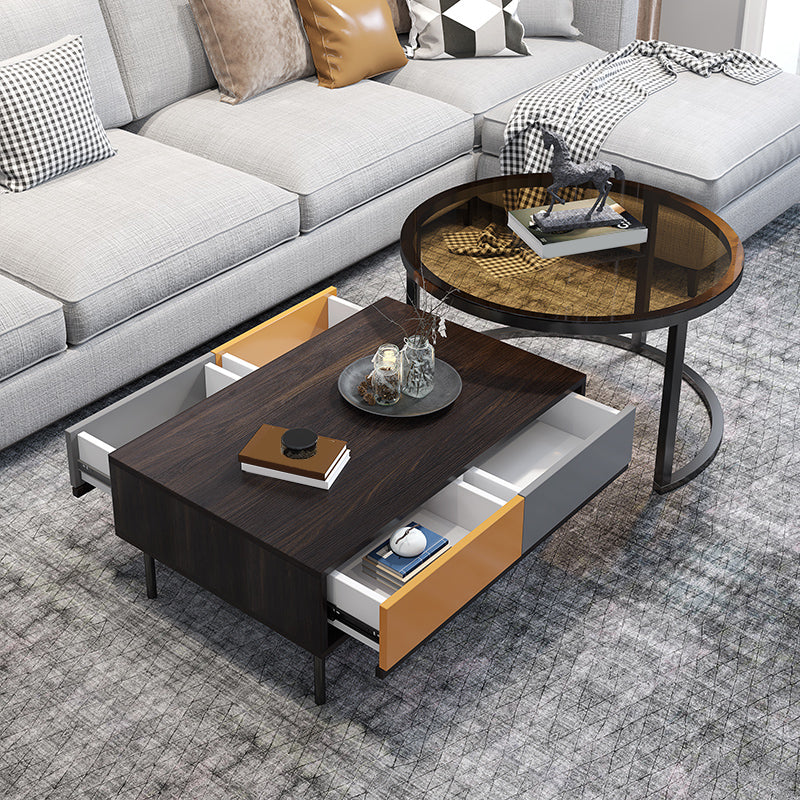 Modern 4 Legs Cocktail Table with 4 Drawers Glass & Wood 2 Nesting Coffee Table Set