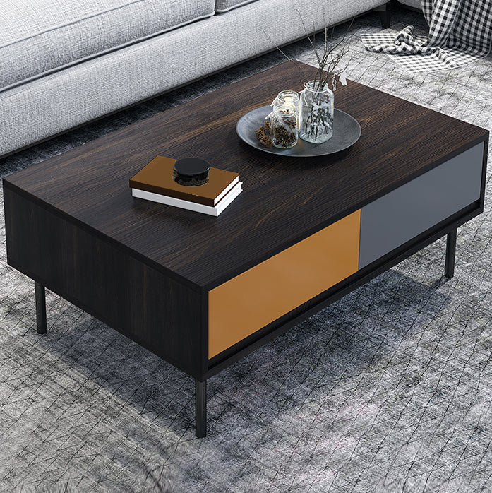 Modern 4 Legs Cocktail Table with 4 Drawers Glass & Wood 2 Nesting Coffee Table Set
