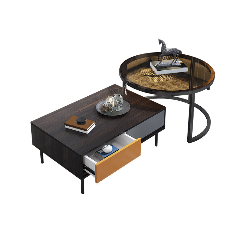 Modern 4 Legs Cocktail Table with 4 Drawers Glass & Wood 2 Nesting Coffee Table Set