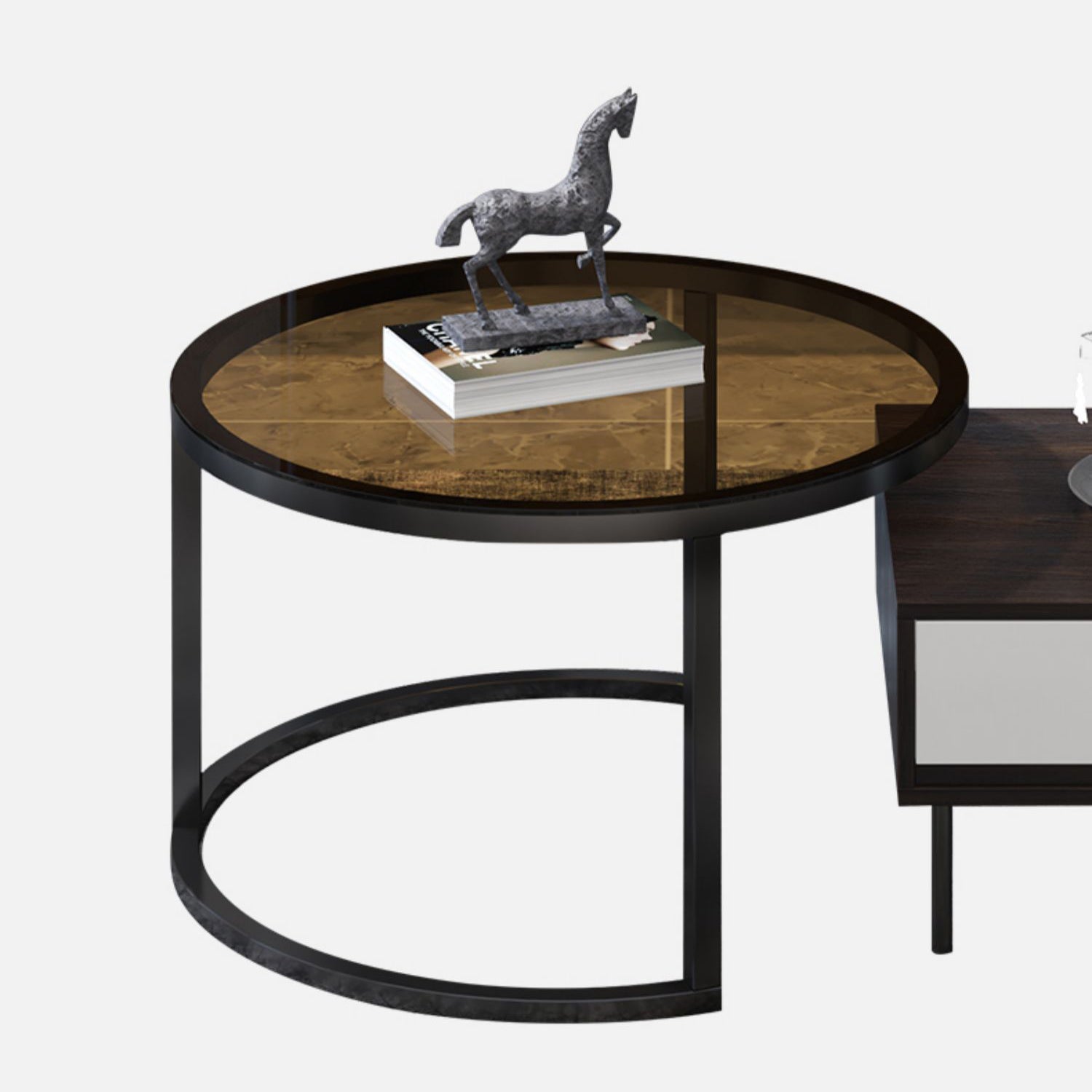 Modern 4 Legs Cocktail Table with 4 Drawers Glass & Wood 2 Nesting Coffee Table Set