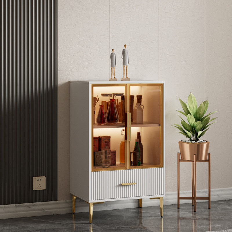 Contemporary Display Stand Glass Doors Faux Wood Storage Cabinet for Dining Room