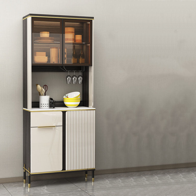 Contemporary Faux Wood Dining Hutch Glass Doors Storage Cabinet for Dining Room