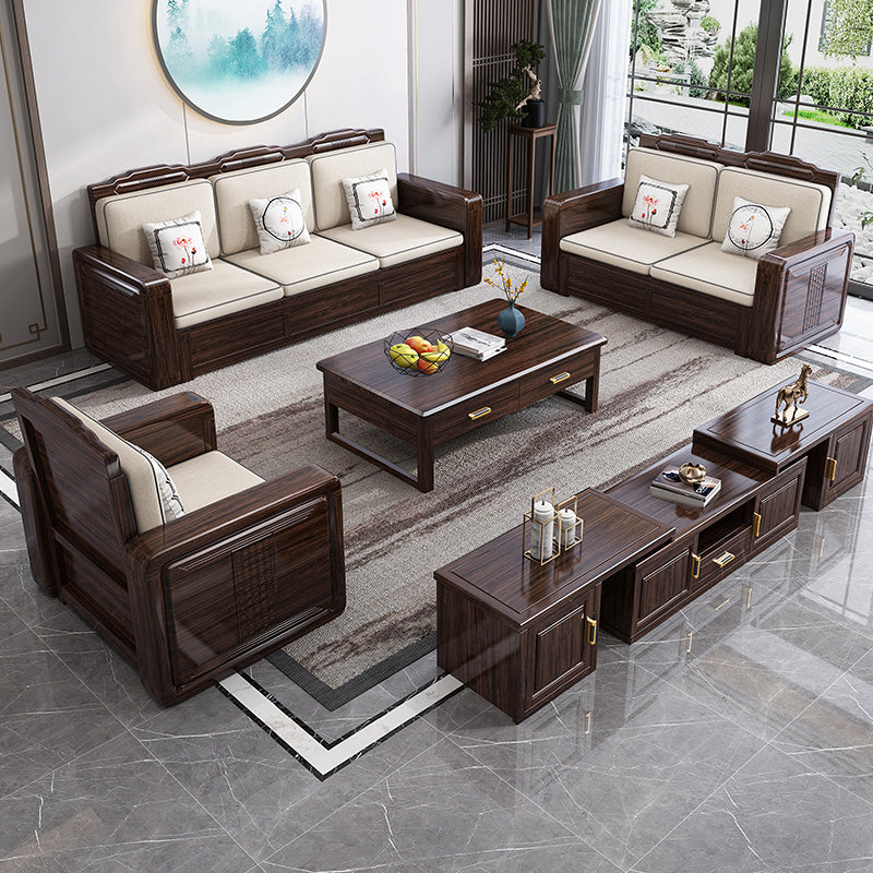 County Styled Solid Wood Frame Sofa in Brown Cotton Blend Sofa and Chaise