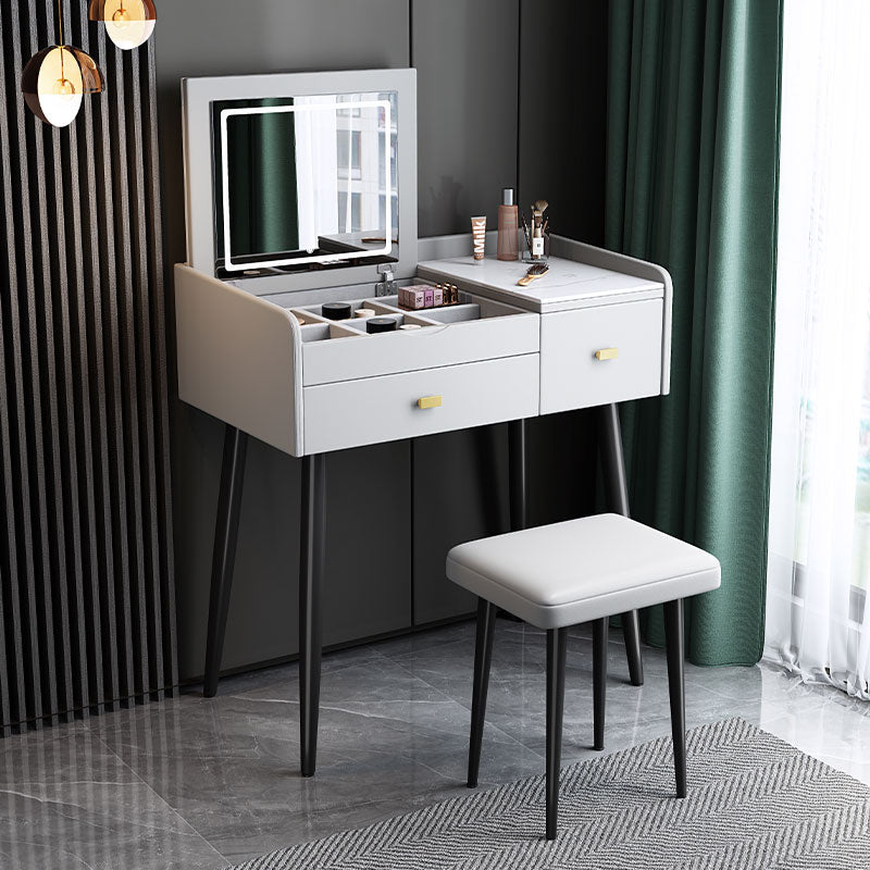 Flip Single Marble Vanity with Padded Stool Lighted Mirror Vanity Desk