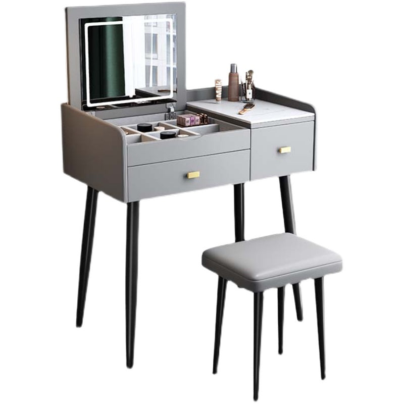 Flip Single Marble Vanity with Padded Stool Lighted Mirror Vanity Desk