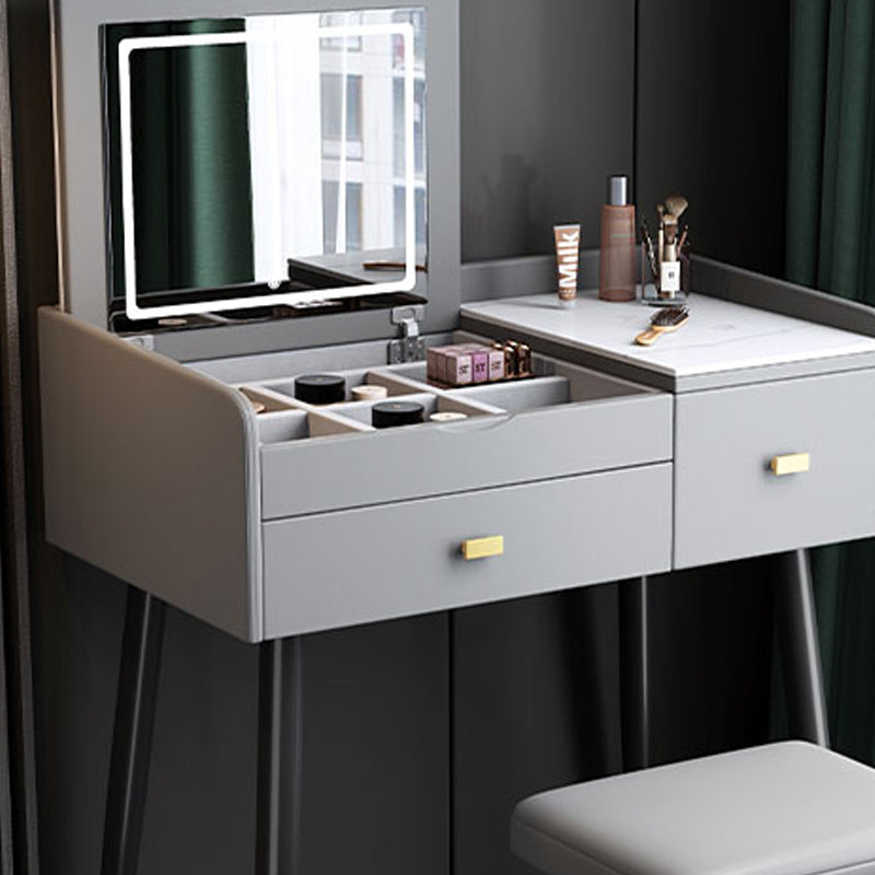 Flip Single Marble Vanity with Padded Stool Lighted Mirror Vanity Desk