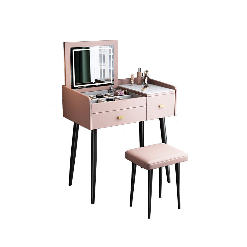 Flip Single Marble Vanity with Padded Stool Lighted Mirror Vanity Desk