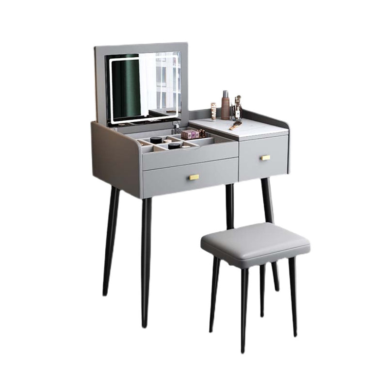 Flip Single Marble Vanity with Padded Stool Lighted Mirror Vanity Desk