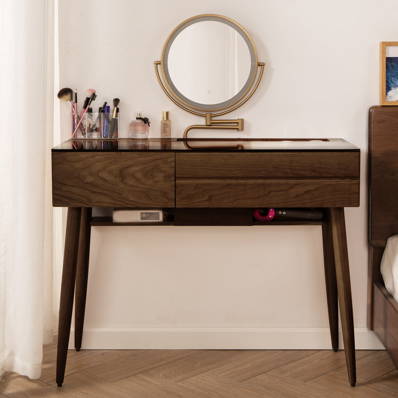 Wood and Glass Makeup Vanity Set With Mirror Standing Vanity Table