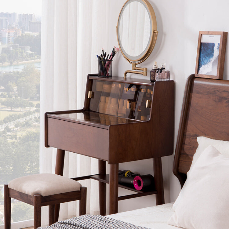 Modern Vanity Table and Stool Set Wooden and Glass With Drawer Vanity Desk