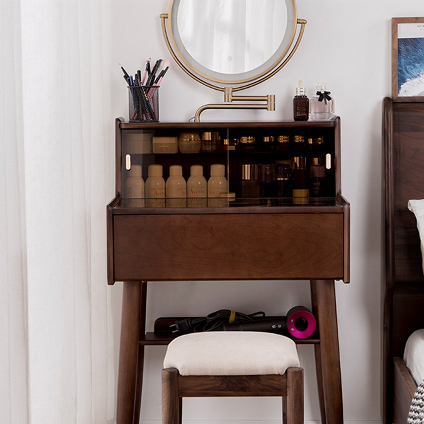 Modern Vanity Table and Stool Set Wooden and Glass With Drawer Vanity Desk