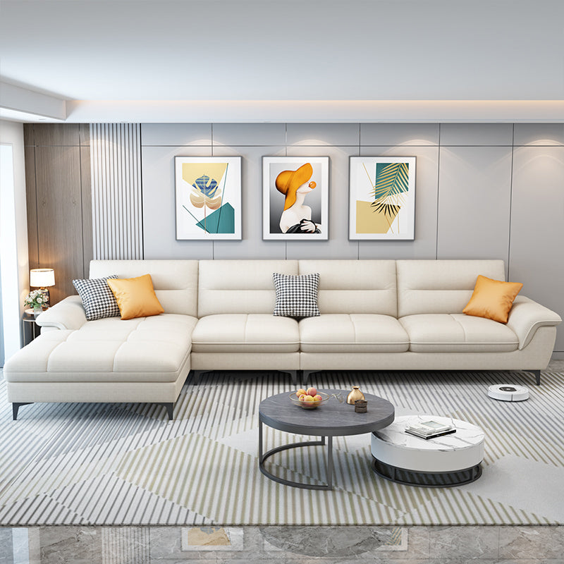 Stain-Resistant Sectional Sofa for Living Room in White with Pillow Top Arm