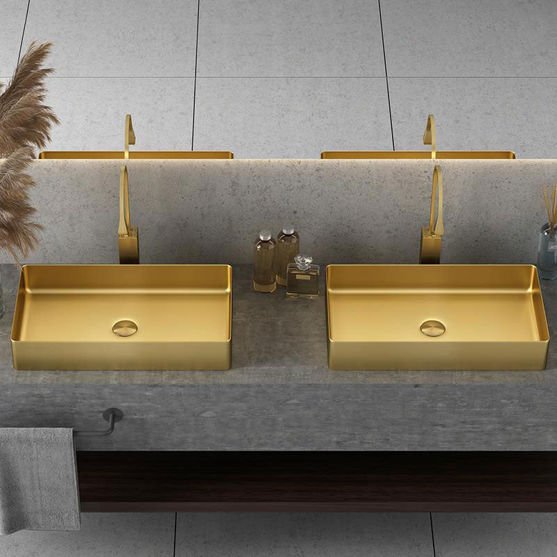 Modern Vessel Bathroom Sink Metal Rectangular with Faucet Vessel Lavatory Sink
