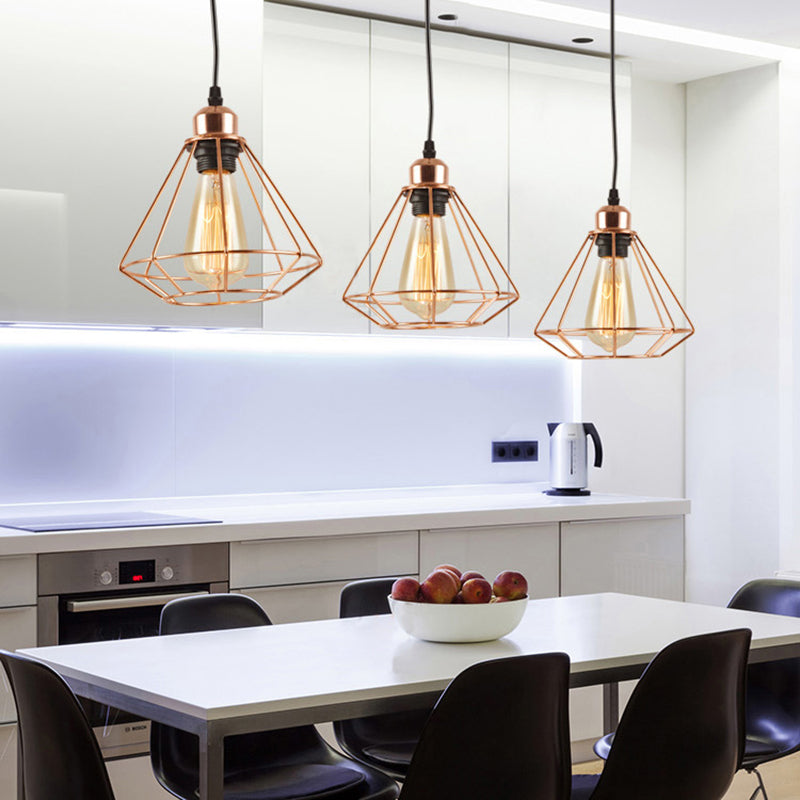 3 Lights Metal Pendant Lamp Loft Style Polished Copper Diamond Caged Indoor Hanging Fixture in Black Finish