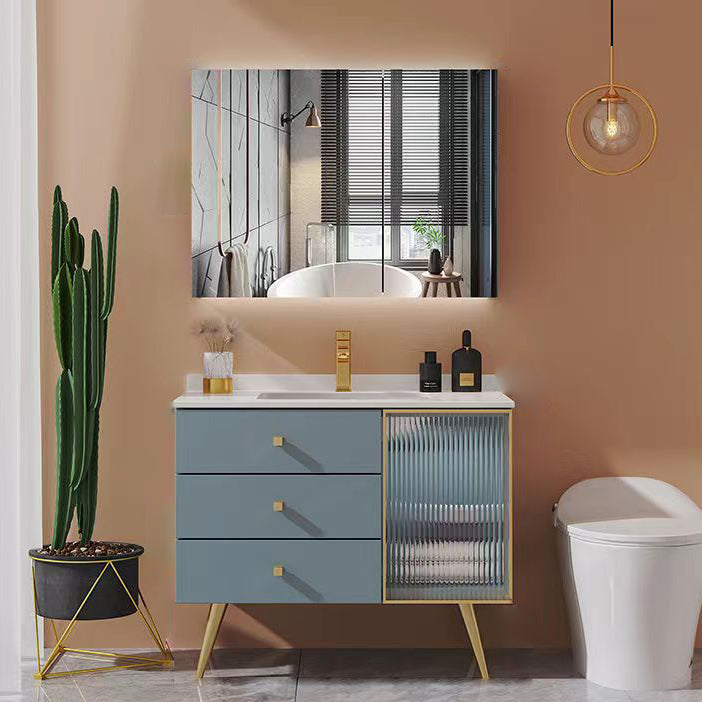 Freestanding Bathroom Vanity Blue Wood Frame Single Sink Rectangular Vanity with 3 Drawers