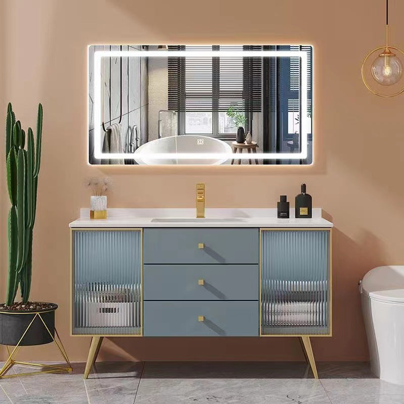 Freestanding Bathroom Vanity Blue Wood Frame Single Sink Rectangular Vanity with 3 Drawers