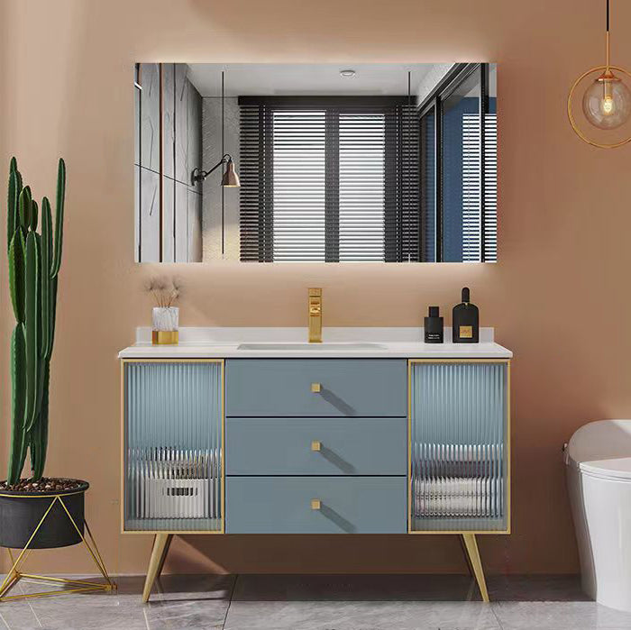 Freestanding Bathroom Vanity Blue Wood Frame Single Sink Rectangular Vanity with 3 Drawers