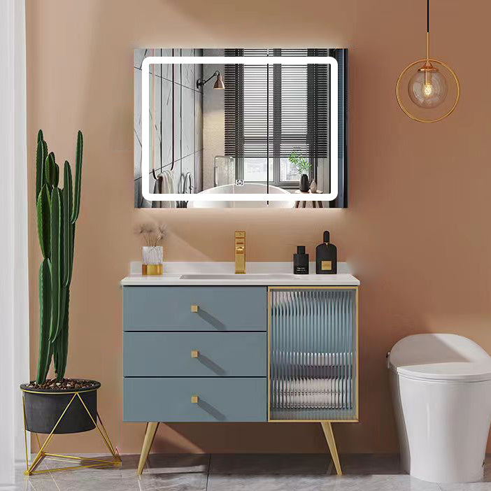 Freestanding Bathroom Vanity Blue Wood Frame Single Sink Rectangular Vanity with 3 Drawers