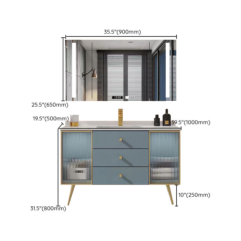 Freestanding Bathroom Vanity Blue Wood Frame Single Sink Rectangular Vanity with 3 Drawers