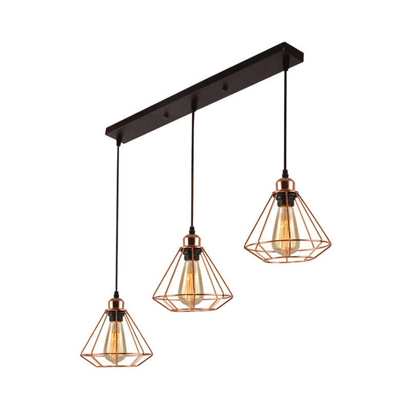 3 Lights Metal Pendant Lamp Loft Style Polished Copper Diamond Caged Indoor Hanging Fixture in Black Finish
