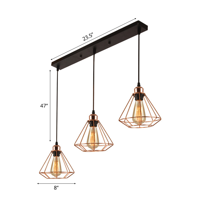 3 Lights Metal Pendant Lamp Loft Style Polished Copper Diamond Caged Indoor Hanging Fixture in Black Finish